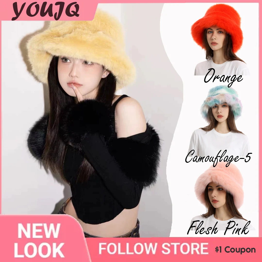 

Y2K Fluffy Faux Fur Bucket Hats For Women Rabbit Fur Warm Thick Plush Winter Hat Lady Luxury Party Panama Fisherman Bob Gorras