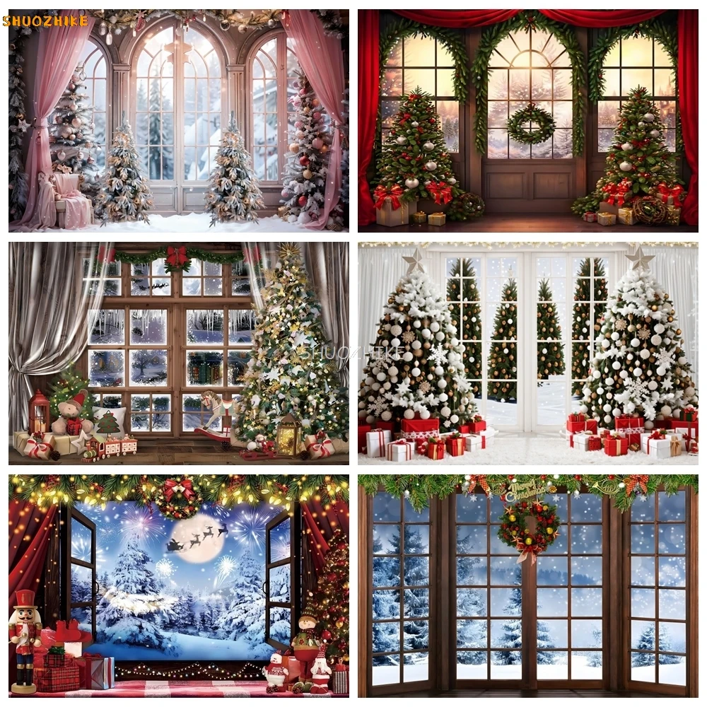 

Christmas Window Backdrop Winter Wonderland Snow Tree Starry Sky Moon Reindeer Santa photography Background Decor Photo Studio