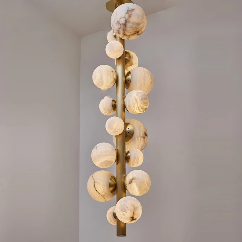 Spanish Marble Chandelier Bauhaus Dining Room Hotel Lobby Corridor Modern Round Ball Grape Pendant Light Marble Lampshade