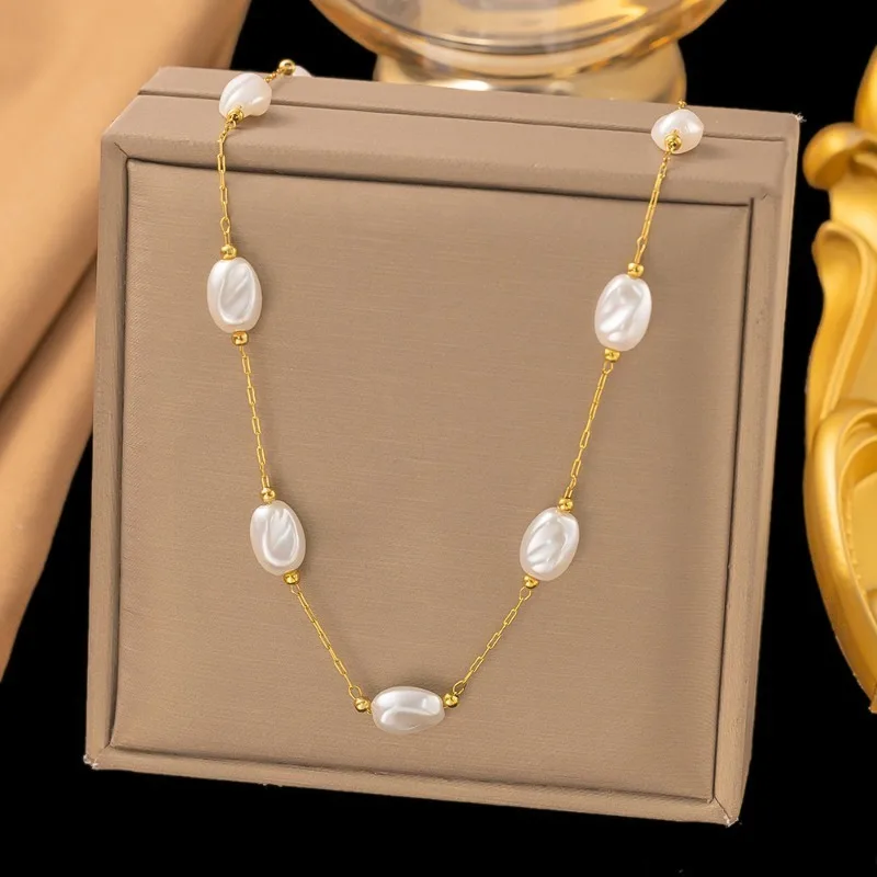Temperament Classic Gold Color Stainless Steel Pearl Necklace for Woman Korean Collarbone Chain Stackable Jewelry Accessory Gift