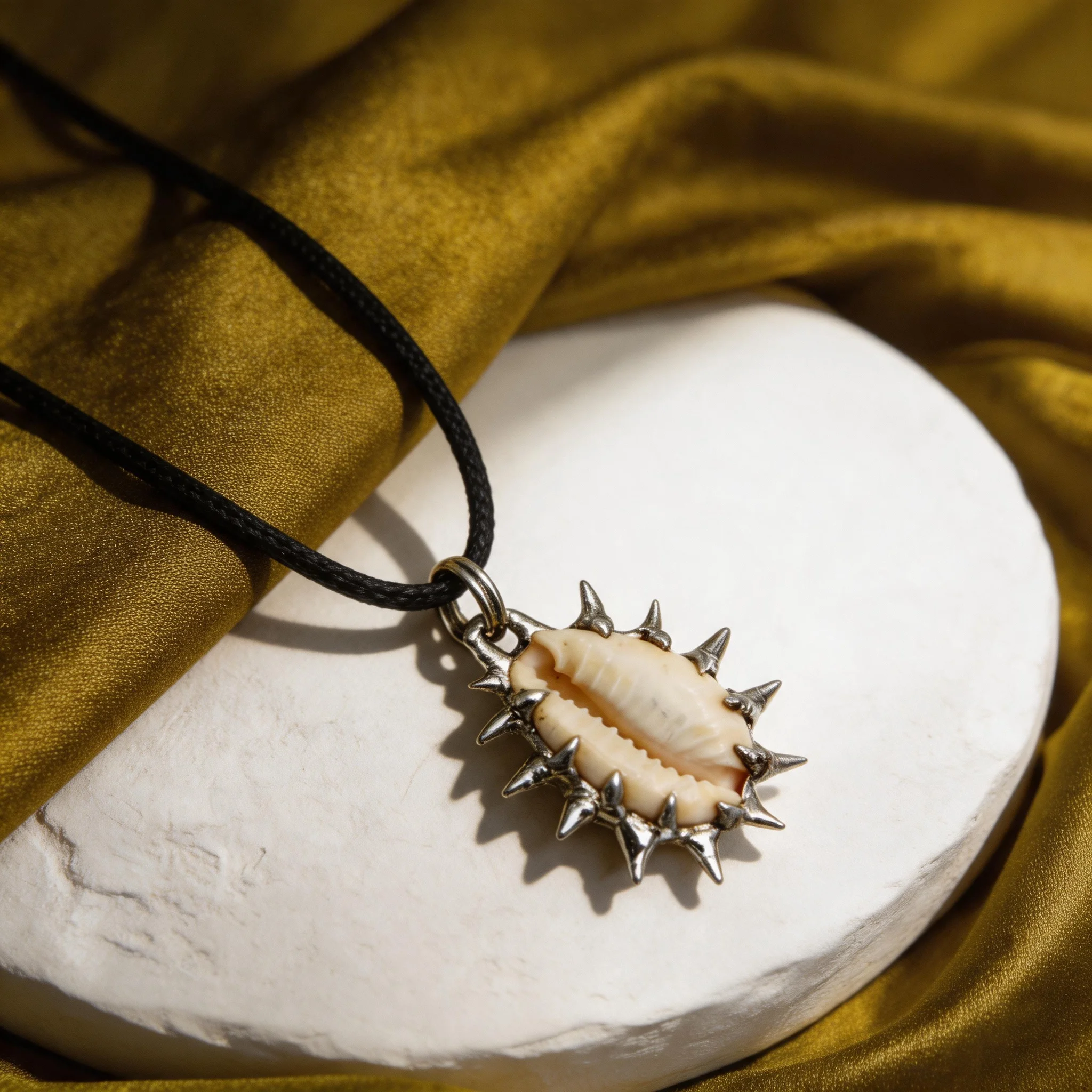 20inch Puka Shell Necklace Silver Plated Spike Thorn Frame Leather Cord Soldered Pendant Boho Gothic Beach Jewelry for Women Men