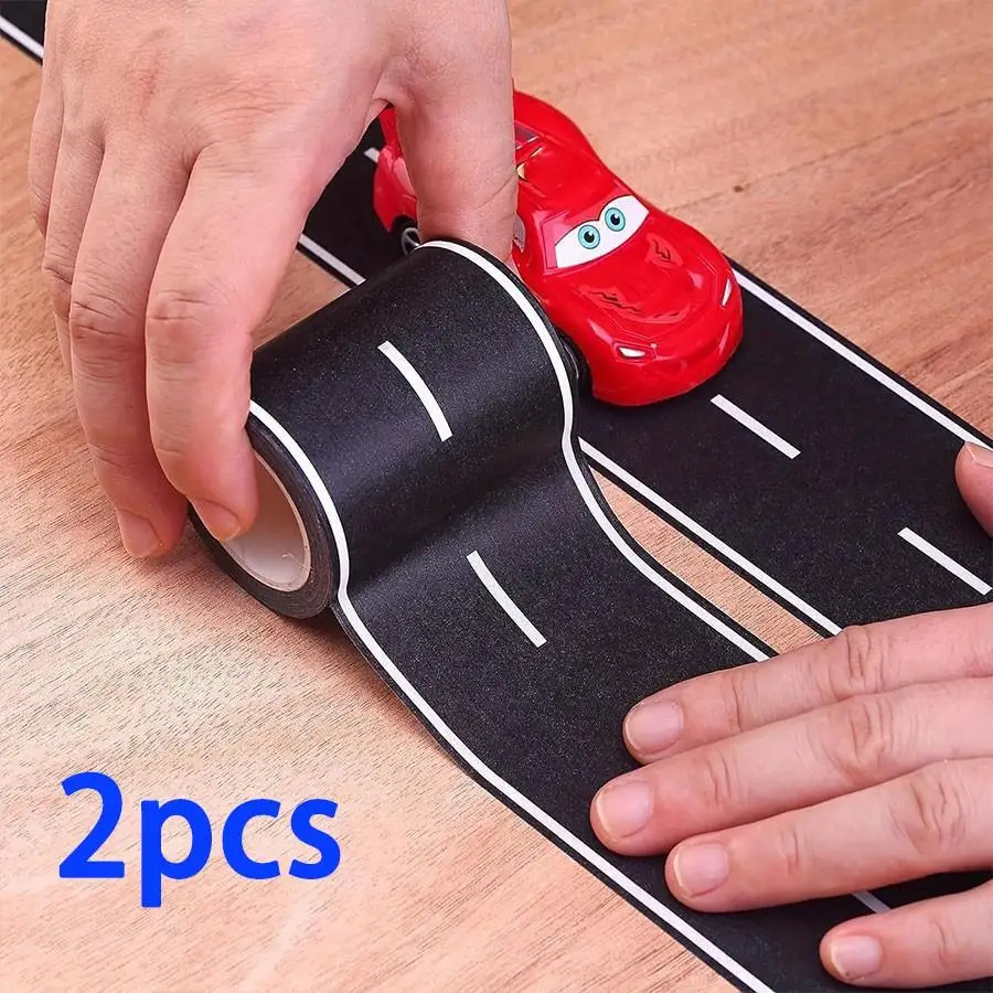 2rolls Reusable Cartoon Road Track Stickers-Black Polyurethane Tape for Party Racing Decor,Glitter Finish,Auto-Themed Decoration