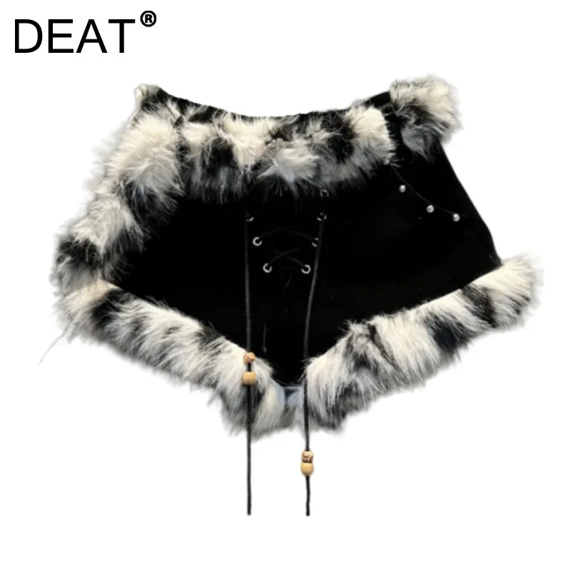 DEAT Womenshorts Low Waist Wide Leg Lace-up Velvet Spliced Contrast Color Fur Sexy Short Pants  2025 Spring New Fashion 29L9161