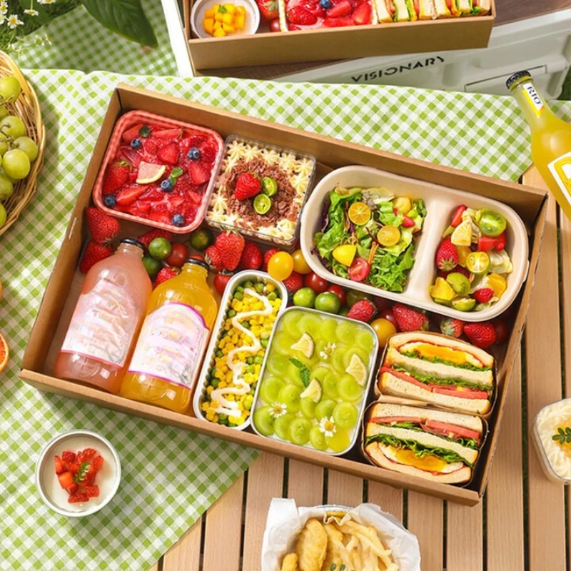 

Disposable picnic box, camping bento packing box, spring outing kraft paper dessert boxs, large 2 pcs, free greaseproof papers