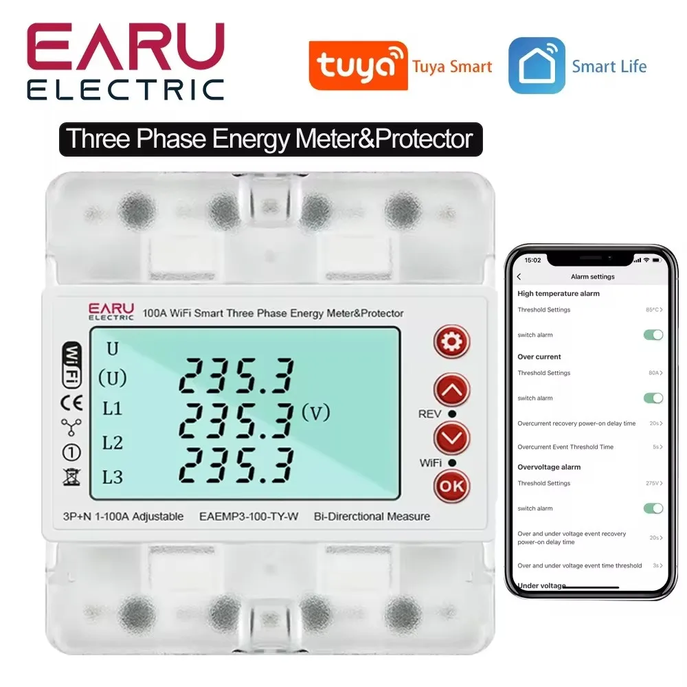 3 Phase 380V 100A Tuya Wifi Bi-Directional Measure Power kWh Energy Meter Over Under Voltage Current Protector