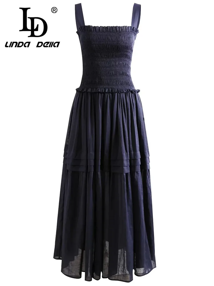 

LD LINDA DELLA Summer Cheap Casual Vintage Dress Women's Suspender Elastic Waist Cascading Ruffle Draped Splice Dress