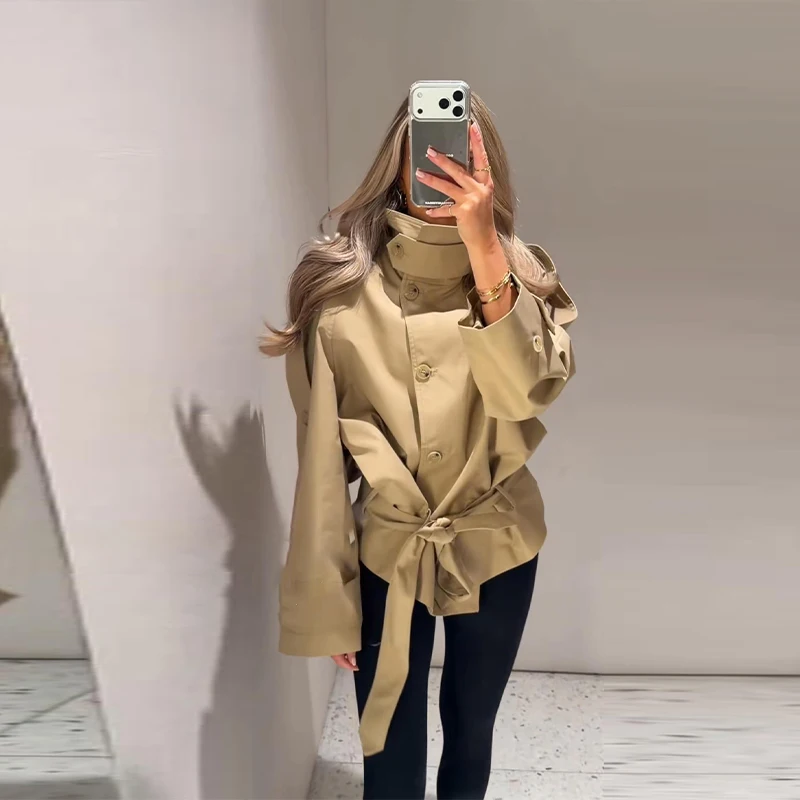 Modischer Stehkragen-Damen-Windbreaker Einfarbiger Doppelreihiger Schnür-Mantel mit Langen Ärmeln Damen-Oberbekleidung 2026 Herbst Neue Kollektion – Detail 12