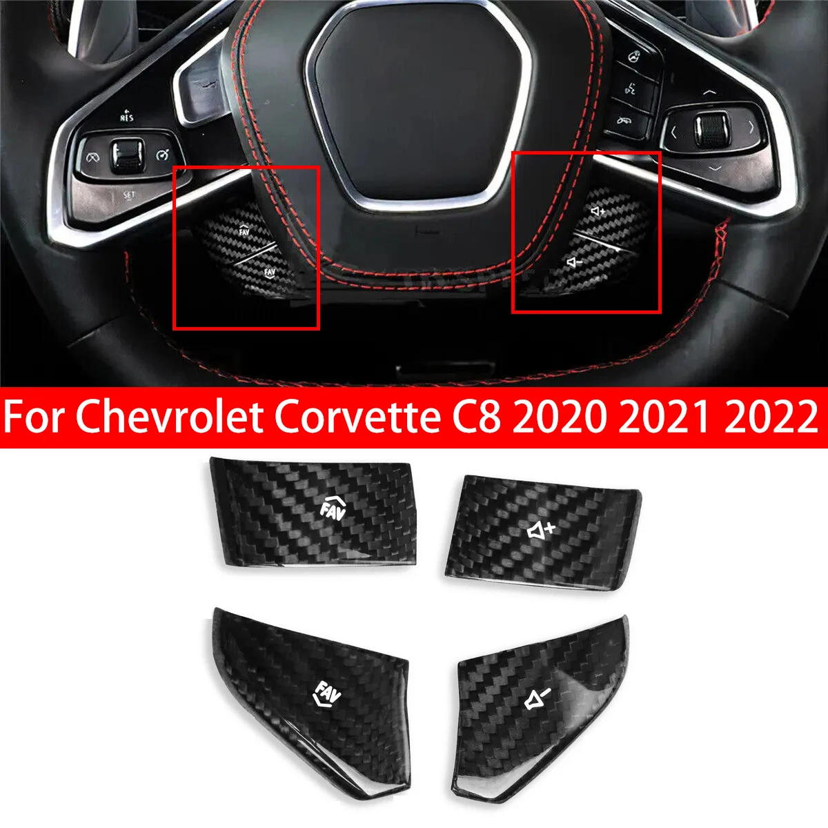 For Chevrolet Corvette C8 2020 2021 2022 4Pcs Real Carbon Fiber Steering Wheel Volume Switch Button Cover Trim Sticker Decor Car