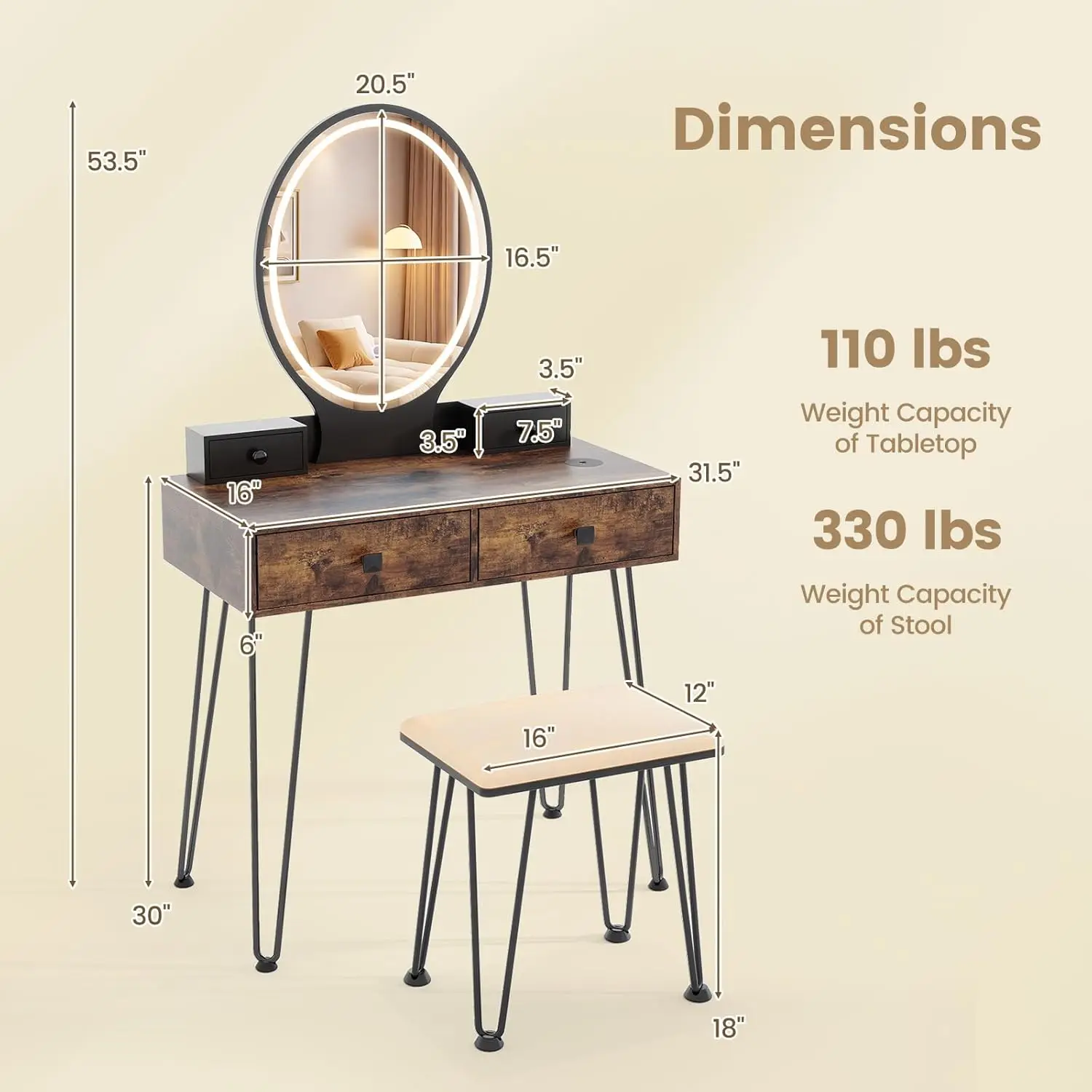 Vanity Desk with Mirror & Lights, 4-Drawer Makeup Table with Charging Station, 3-Color LED Mirror, Retro Dressing Table for Smal