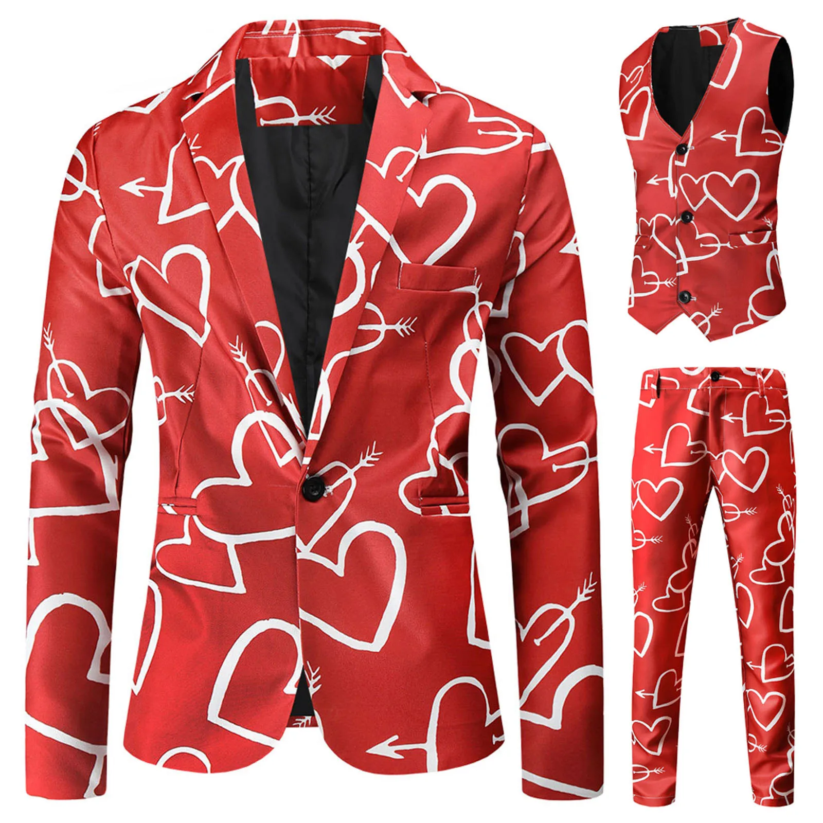 Valentine\'s Gift Men\'s Fashion Suit Three-Piece Sets Party Coat 3d Heart Printed Coat Vest Pants Suit Slim Fit Blazer Jacket Men