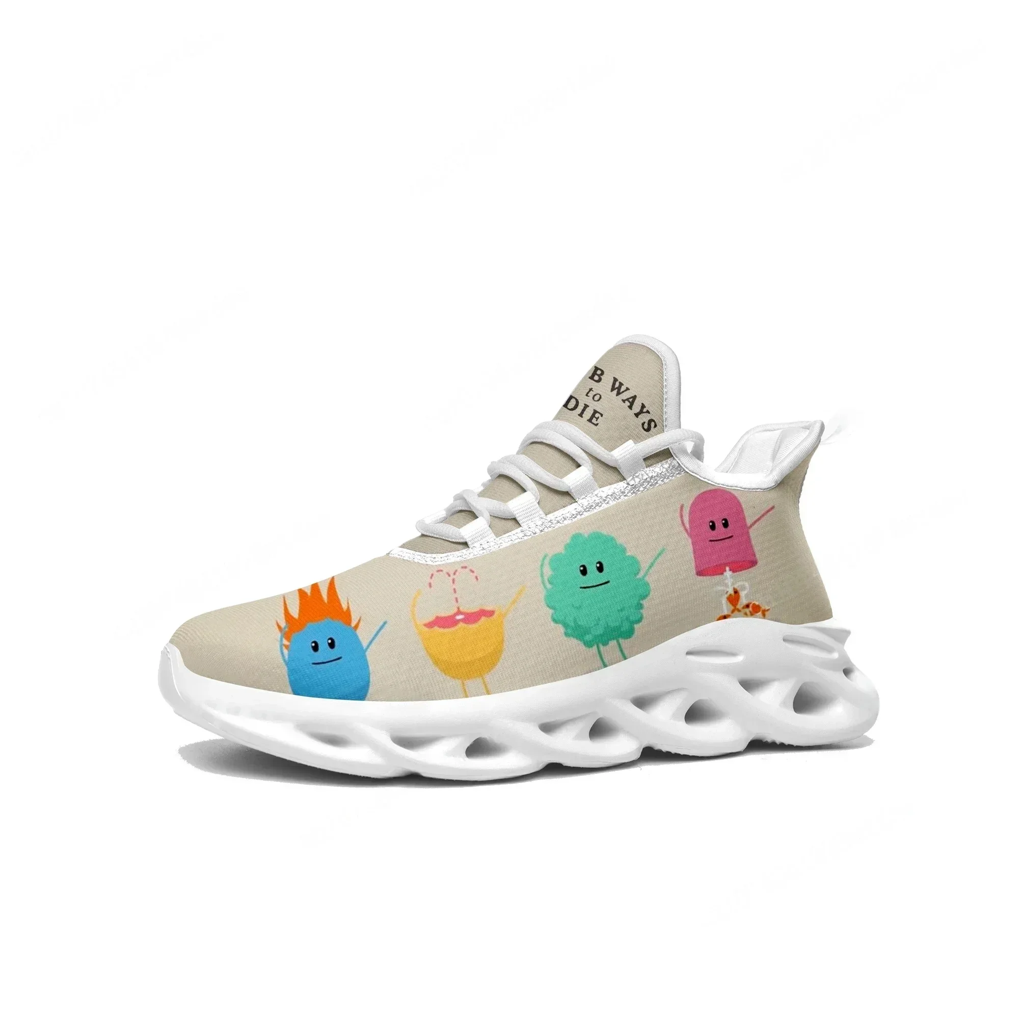 

Кроссовки Dumb Ways To Die Flats для мужчин, женщин и подростков, спортивная обувь для бега, высококачественная обувь с мультяшным принтом, на шнуровке, из сетчатого материала