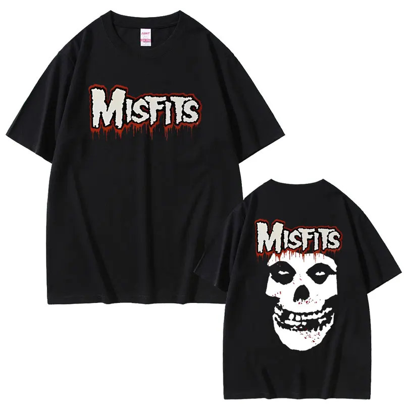 

Horror Punk Misfits Skull Rock Double Sided Print T Shirt Men Gothic Vintage Oversized T-shirts Male Cotton Short Sleeve Tshirt