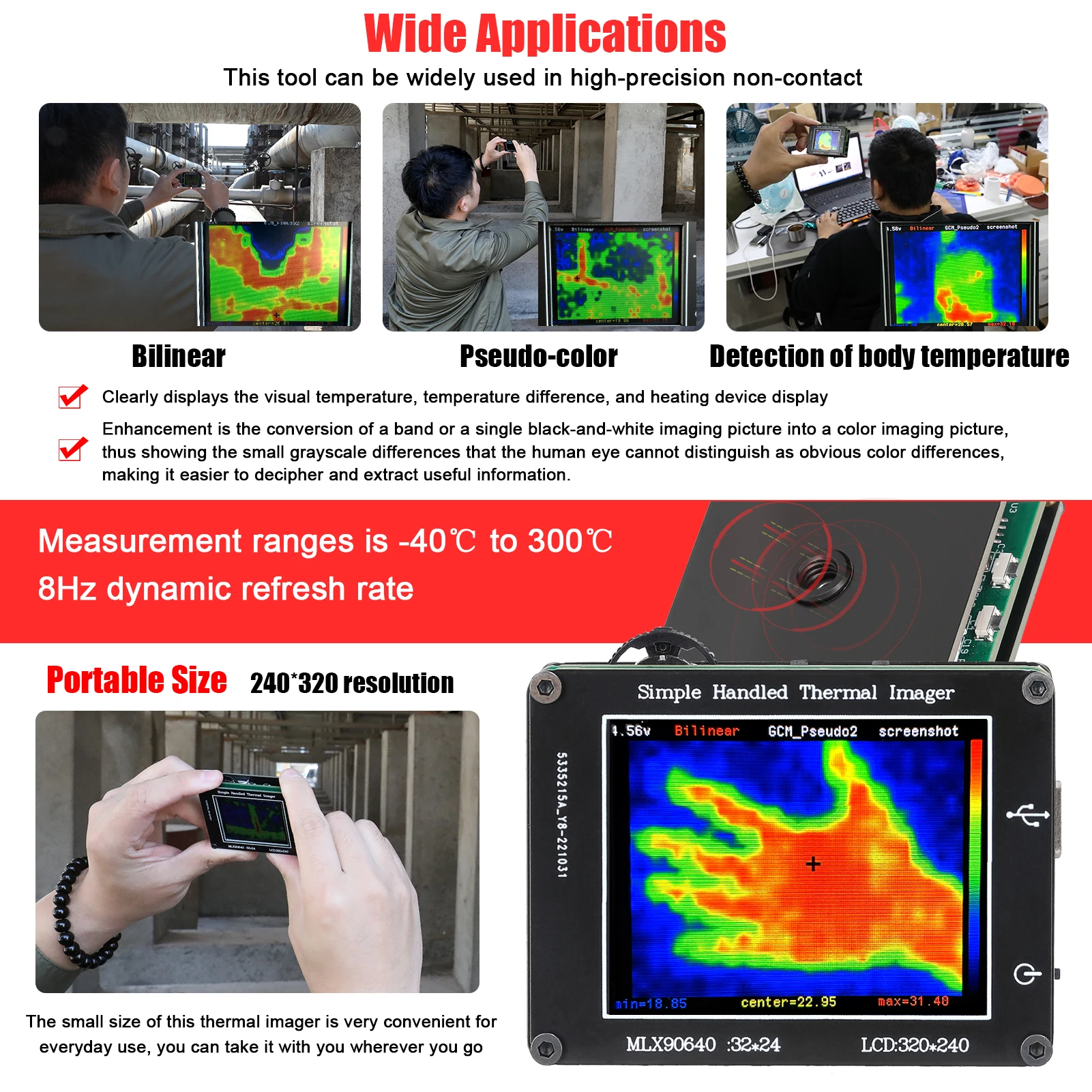 24*32 Pixel Infrared Sensor Thermal Imager 2.0inch LCD Display 240*320 Resolution Clear Definition Imaging Camera -40℃ to 300℃