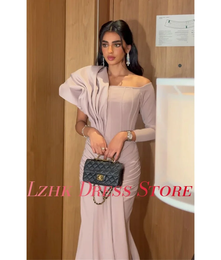 Abito da sera a sirena in jersey grazioso personalizzato, maniche lunghe, scollo quadrato, lunghezza del pavimento, فستانmavera