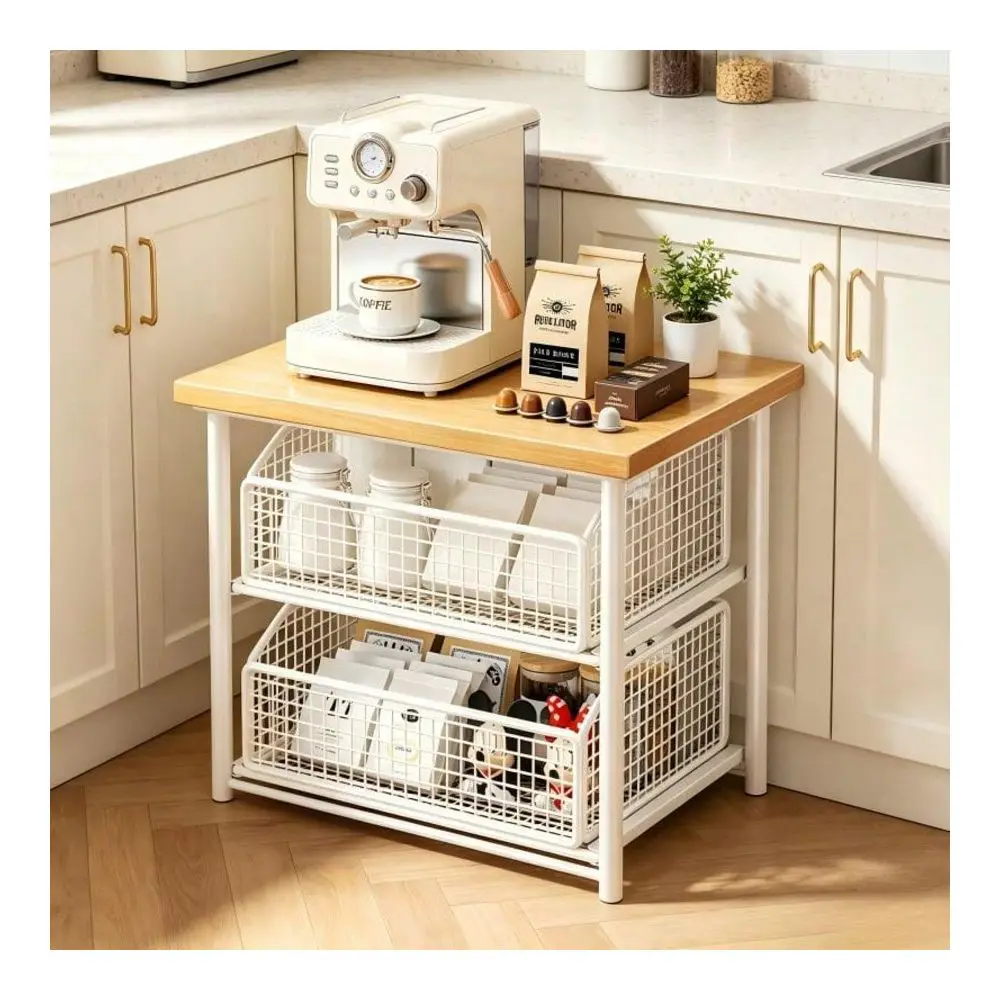Solid Hardwood & Metal Double Layer Drawer-Type Countertop Organizer, Multi-Functional Vertical Storage Shelf For Coffee Bar Layout, Practical Household Storage Box To Store Coffee Mugs, Seasoning Spices, Tableware view 4