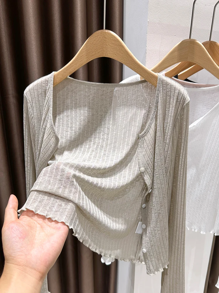 

Женский кардиган Ele Long Sve из ледяного шелка с открытым передом, на пуговицах, тонкий, мягкий, из полиэстера, для весны