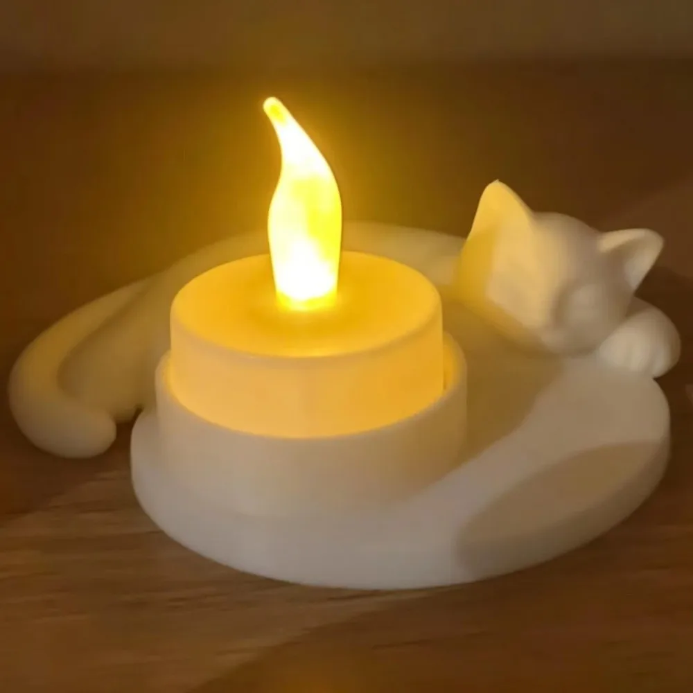3D Printed Cat Candle Stand Ring-Shaped Cute Cat-shaped Storage Tray Kitten Sleeping Ornament Plastic Cat Candlestick