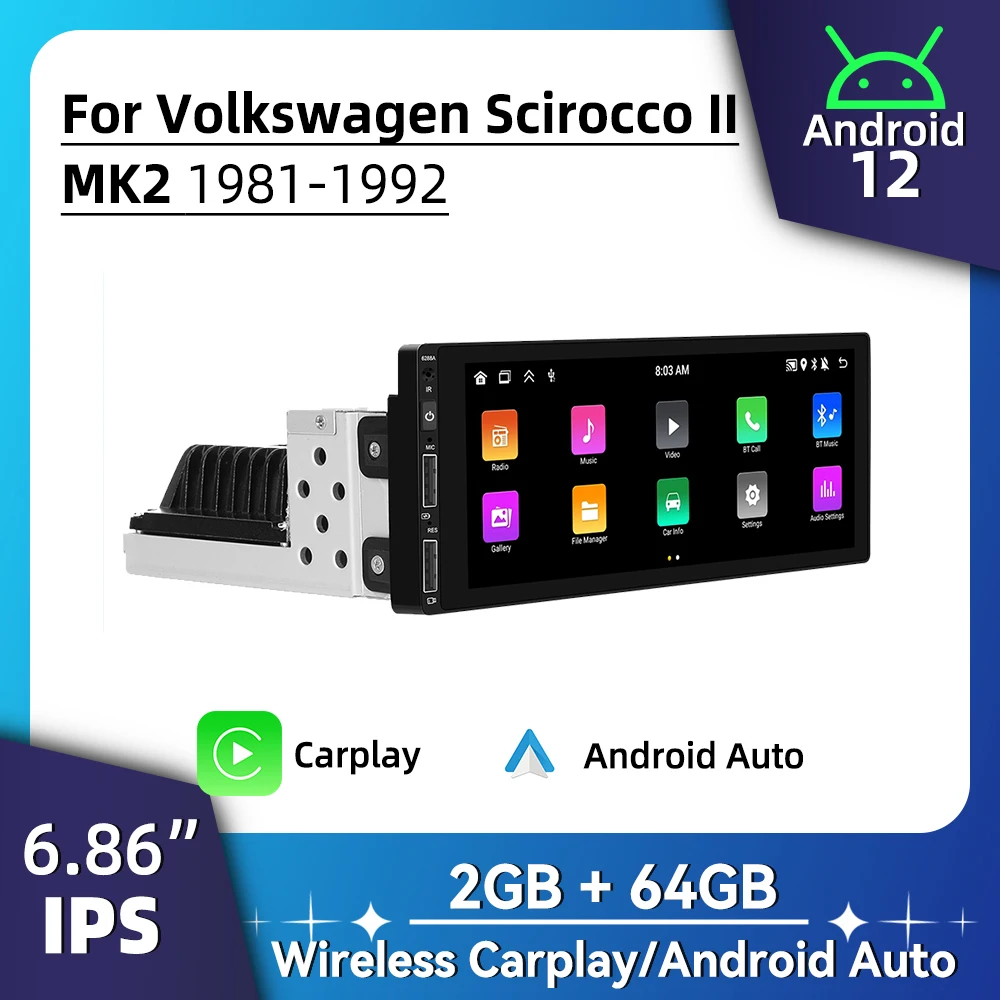 

1Din Android-радио 6,86 дюйма, головное устройство с экраном для VW Volkswagen Scirocco 2 II MK2 1981-1992, автомобильная мультимедийная стереосистема Carplay, авторадио