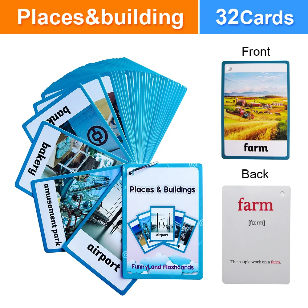 Places & Buildings Vocabulary English Flashcards for Kids Learning City Building & Public Space Cognitive Cards Memory Game