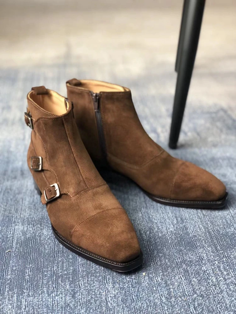 Cie tri-strips Chestnut Beveled Waist/Fiddle-back Ankle Boots Leather Sole Men High Quality Can Custom Handmade Footwear MA19