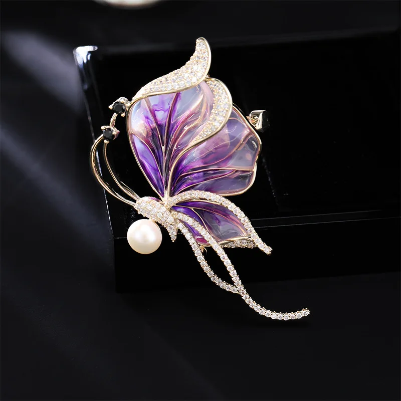 Chinese Style Lucky Auspicious Enamel Butterfly Brooch Freshwater Pearl Zircons Elegant Women Jewelry For Coat Dress Party Gift