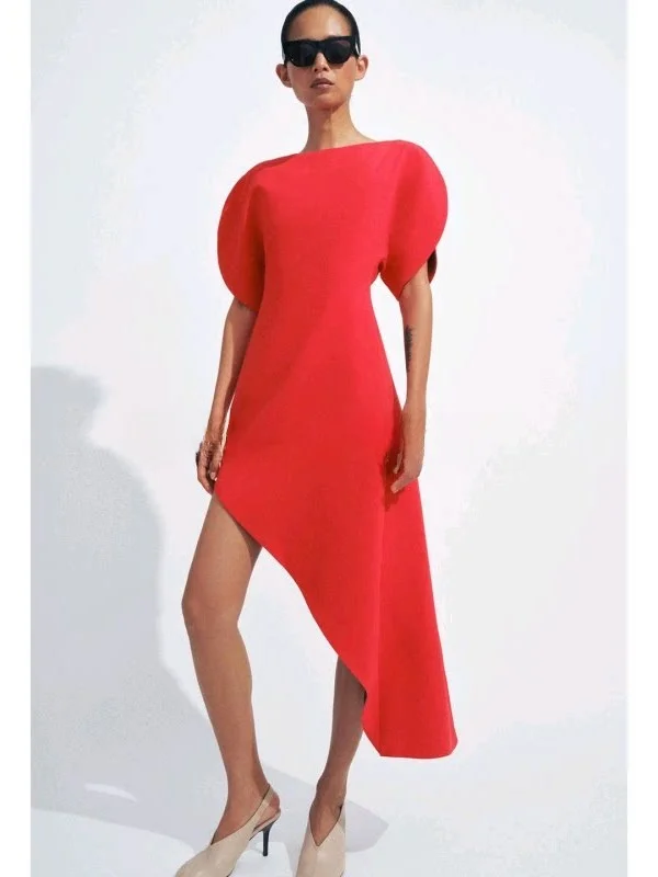 Summer Women's Midi Dress Short Bubble Sleeve One-Shoulder Asymmetric Hem ZA26 2102098 Casual Style Polyester Fiber A-Line Skirt