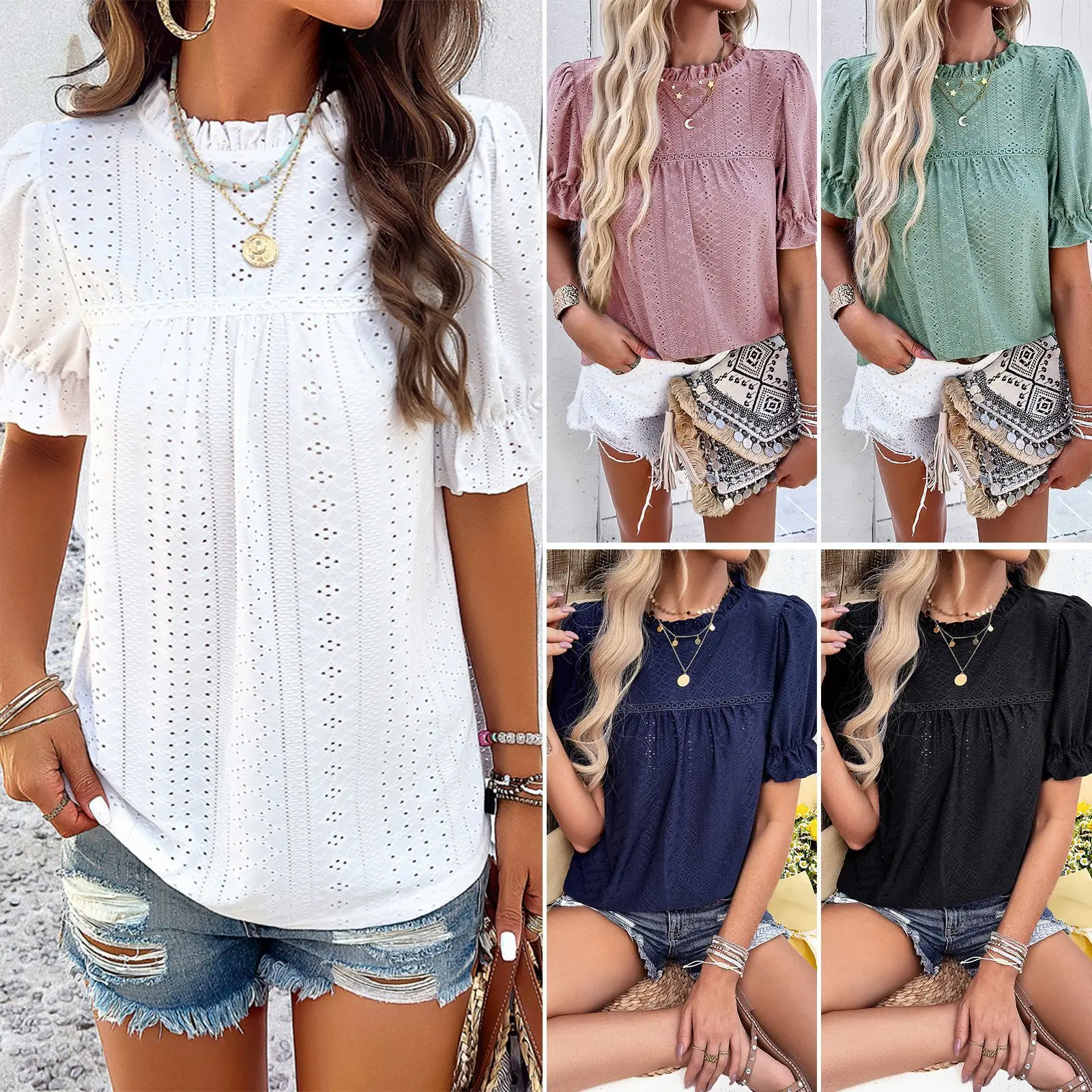 2025 Summer Women's T-shirt Lace Collar Female Short Sleeve Tops Solid Color Hollow Out Lady's Blouse Women's Bottoming Shirt