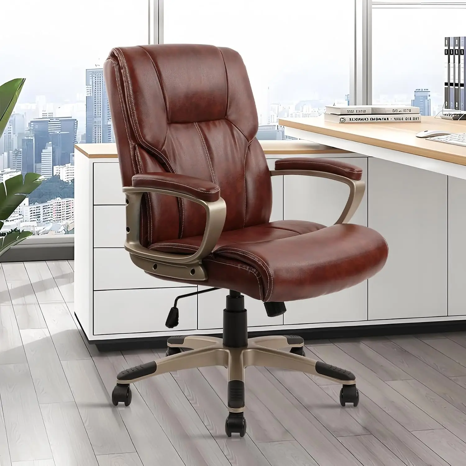 Executive Office Chair with High Back, Brown PU Leather Chairs with Wheels and Arms, Managerial Chairs with Soft Padded Lumbar S