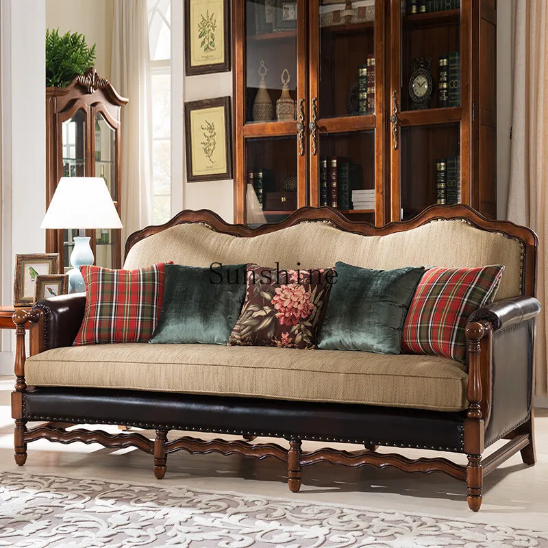 

American country solid wood fabric sofa combination retro home living room sofa