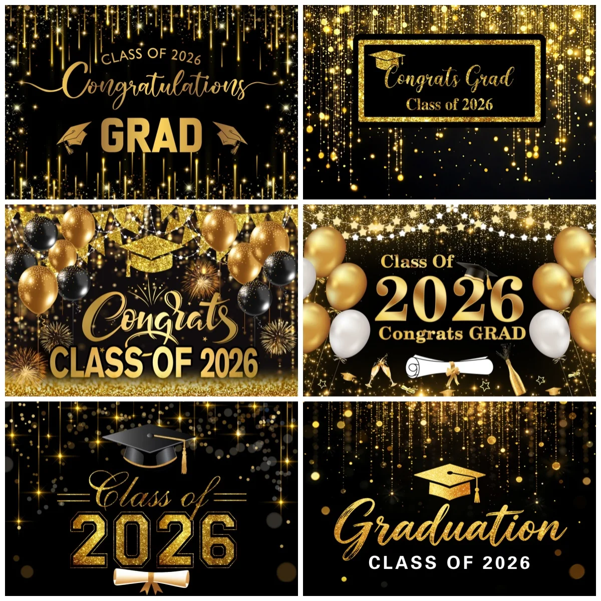 Class Of 2026 Graduation Decoration Backdrop Gold Glitter Cap Diploma Balloon For Graduation Celebration Party Photo Background