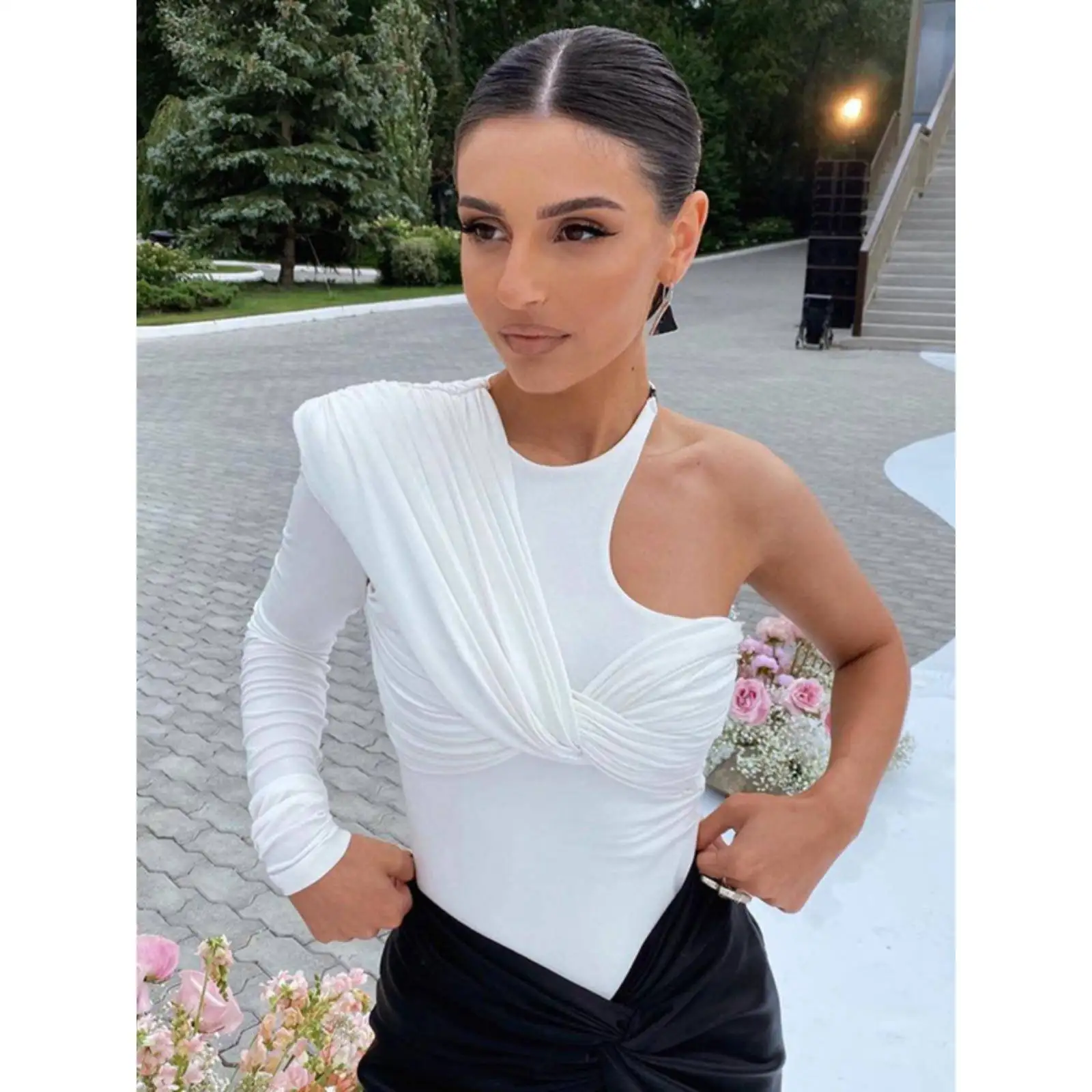 

Sexy Slim Fit oulder Bared T irt Spring Autumn New Sle Folded Line Inner Wear Outer Wear High Waist orts