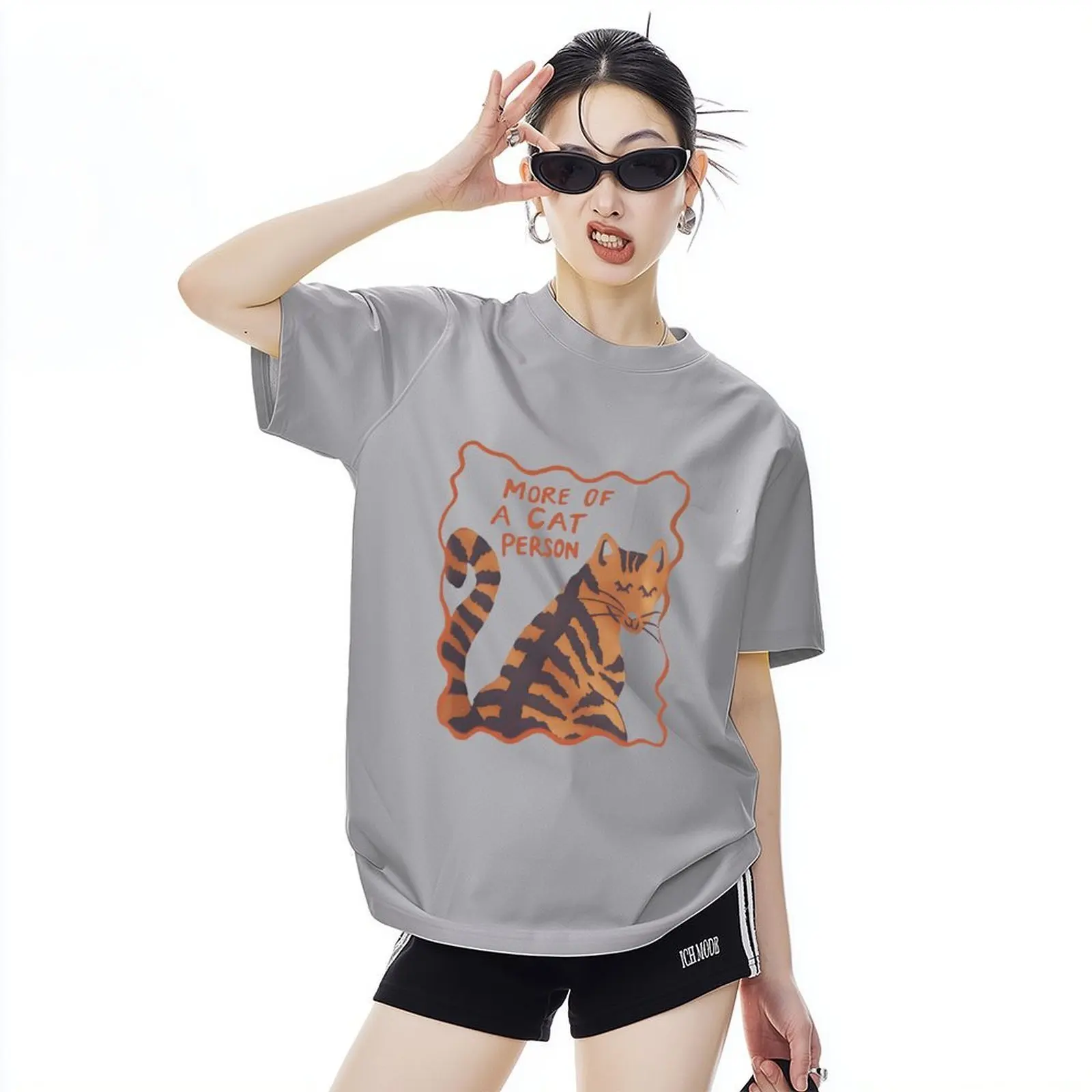 90s T Shirt Paris Women Cat Print T-shirt Short Sleeve Crew Neck Casual Top For Summer Spring Tops Korean Women's Clothing