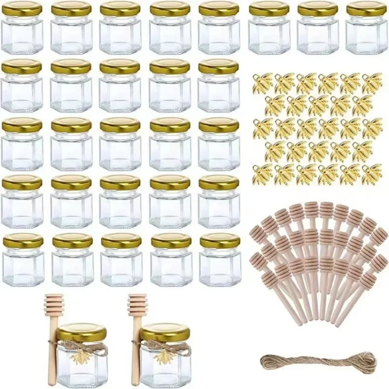 1.5Oz Hexagon Mini Glass Honey Jars Bee Pendants and Jutes with Wood Dipper Home Jam Jars for Party Favors Wedding Baby Shower