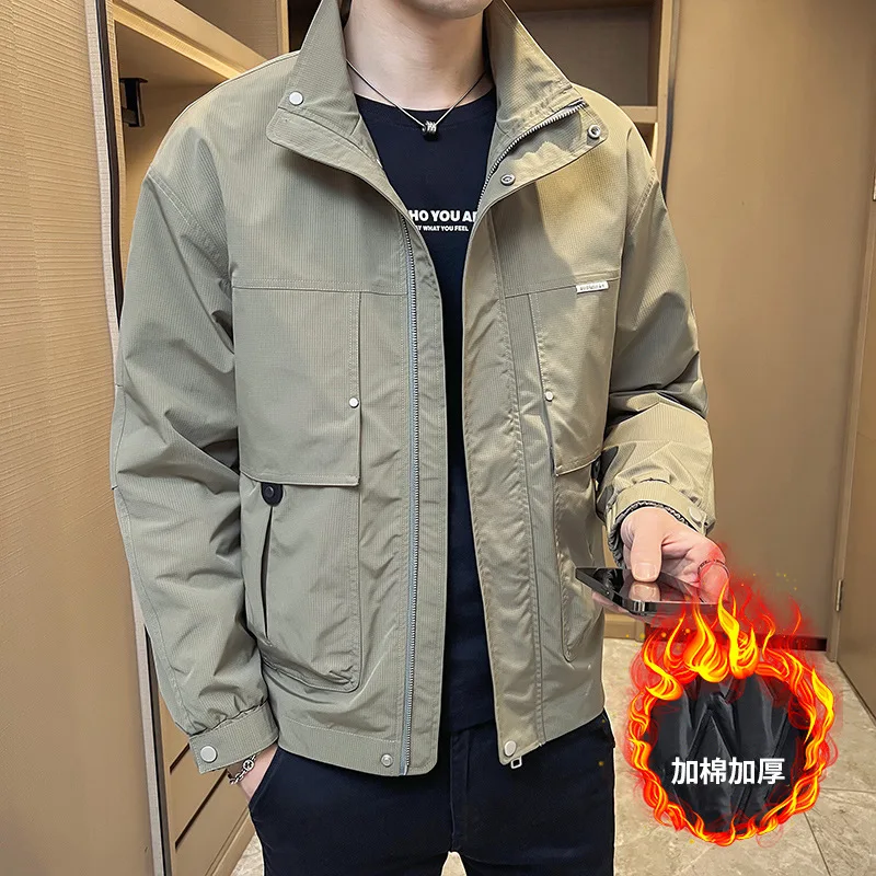 Осенне-зимняя мужская стеганая куртка с воротником-стойкой и несколькими карманами, трендовая ветрозащитная плотная теплая куртка-пуховик