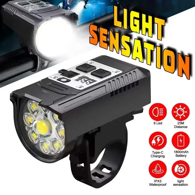 Bicycle Headlight 9 LED Bike Front Light Type-C Rechargeable Bike Lamp Handlebar Lights Waterproof Portable Cycling Flashlight