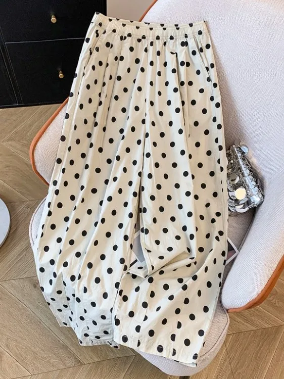 

Summer High Waist Wide Leg Pants Pleated Polka Dot Casual Loose Slimming Design Women's plus Size Clothing Casual Trousers