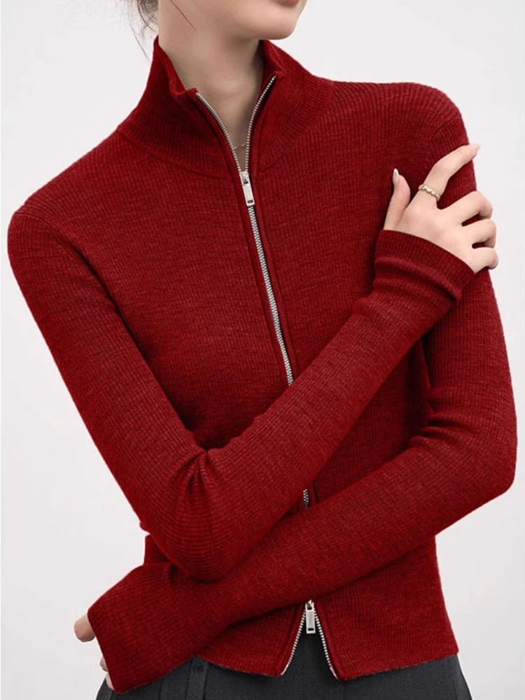 

Fashion Zipper Long Sleeve Stand-up Collar Tops 2025 Autumn Winter Women Cardigan Solid Turtleneck Sweater Basic Slim Sweaters