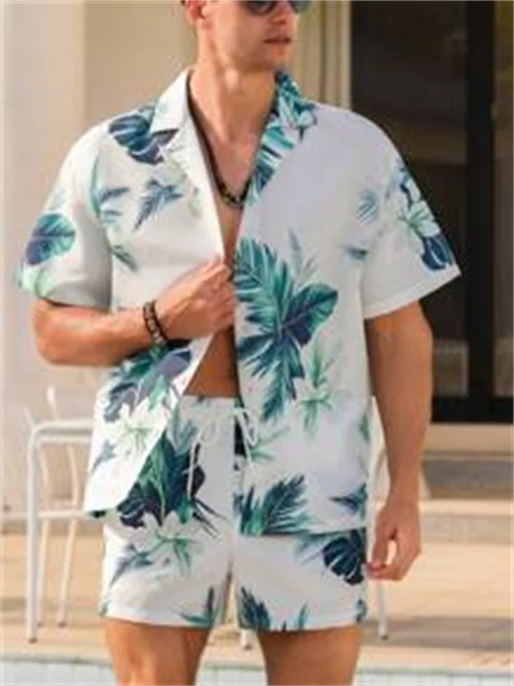 

The 2025 Men Short-sleeved Shirt Set With Green Tropical Plant Prints Is Fashionable And Suitable For Summer Leisure Vacations