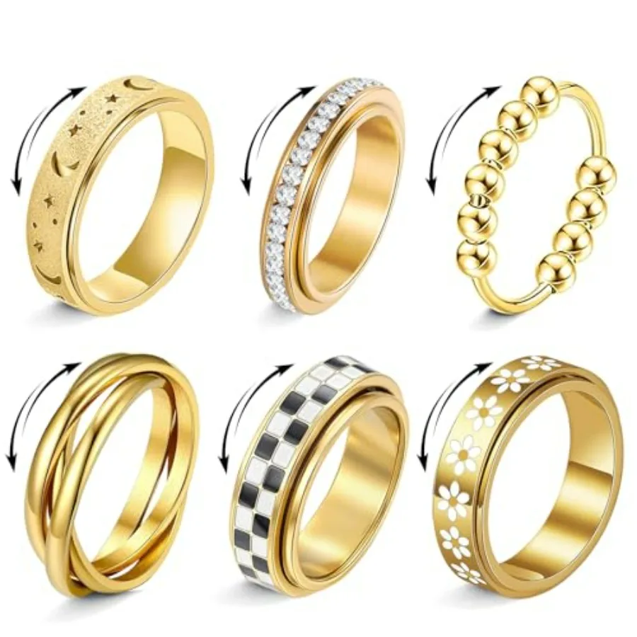 

MUCAL pcs Fidget Rings for Anxiety for Women Gold Stainless Steel Spinner Ring Set Meditative Anxiety Ring with Flower Checkere