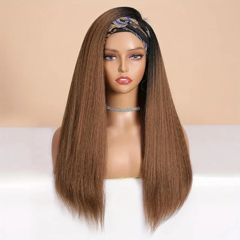 Printed headscarf one-piece wig with fluffy texture, retro ethnic style design, straight hair style