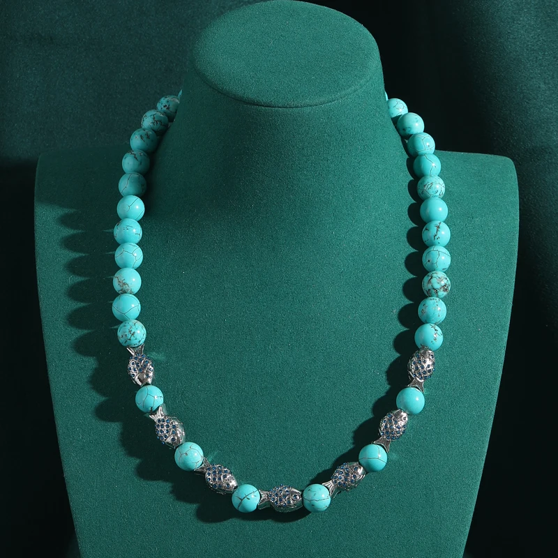 

Vintage Stone Blue Turquoise Necklace Beaded Silver Color Fish Luxury Jewelry Elegant Charms For Woman Accessories Thanksgiving