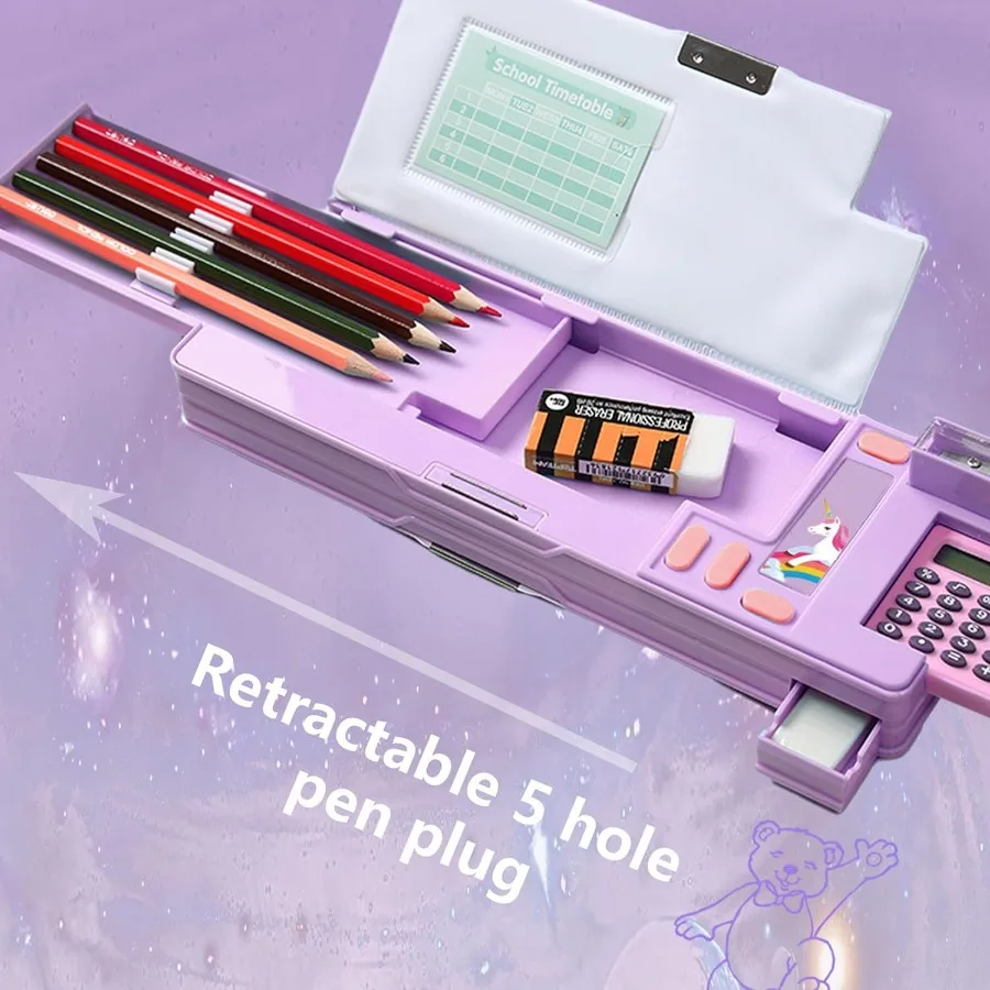 Multifunction Pencil Case with Calculator Pencil Sharpener and Curriculum Storage Featuring Multiple Cute Patterns for Elementa