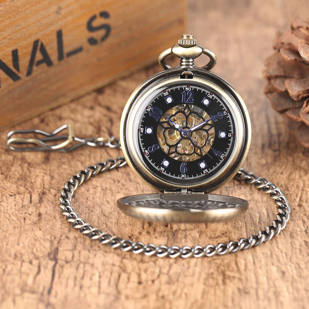 Vintage Stars Decor Mechanical Hand Winding Pocket Watch Roman Numerals Dial Retro Fob Chain Pendant Clock Gift for Men