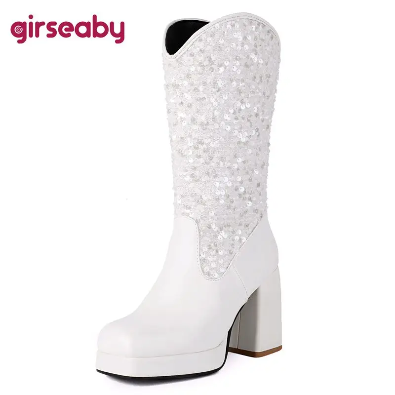 

Girseaby 2024 New Fashion Women Mid Calf Boots Square Toe Chunky Heels 9cm Platform Glitter Plus Size 45 46 47 Sexy Female Bota