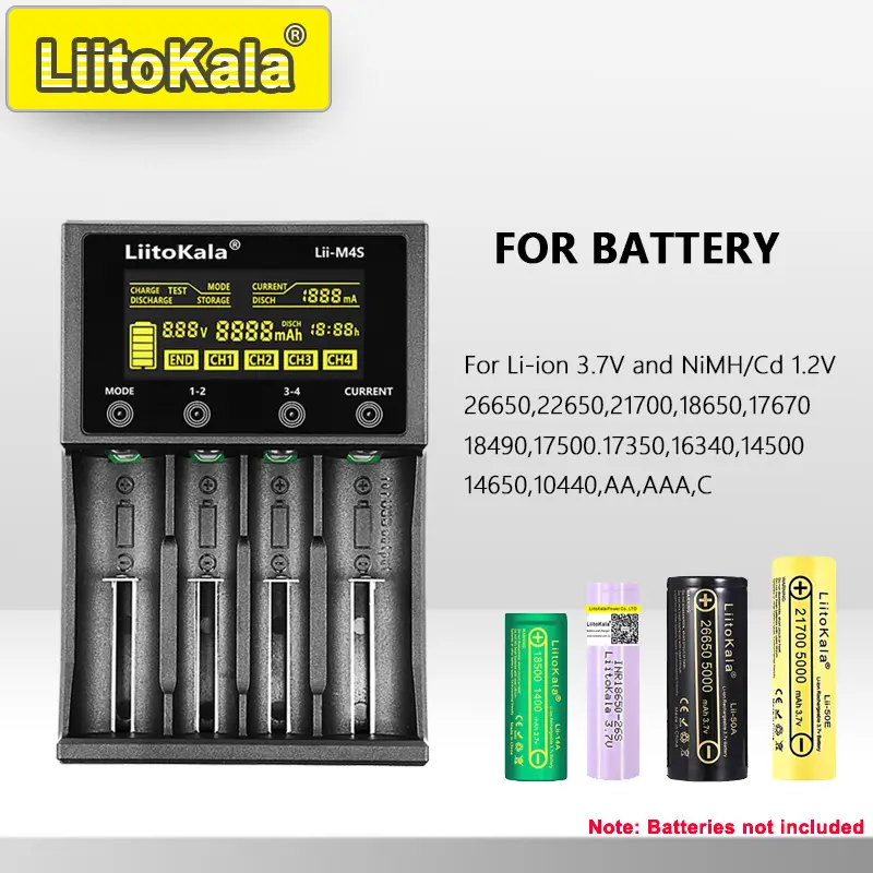شاحن LiitoKala الذكي Lii-M4S/M4 بشاشة LCD - شحن سريع مع كشف تلقائي وحماية متعددة مدخل USB-C لـ 18650/AA/AAA - 3