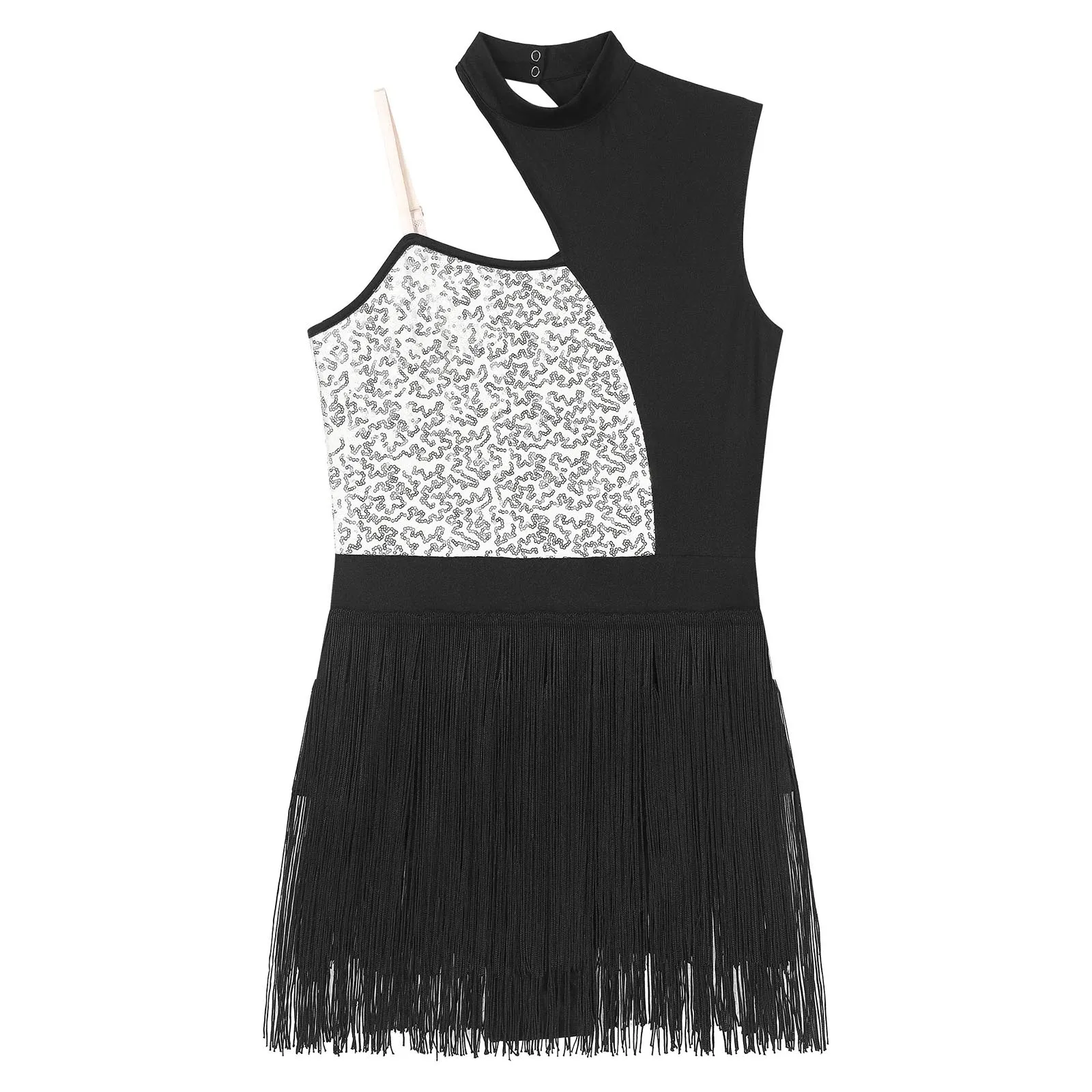 Womens Sequins Tassel Latin Dance Dress Cutout Front Sleeveless Fringed Leotard Competition Ballroom Samba Tango Dance Costume