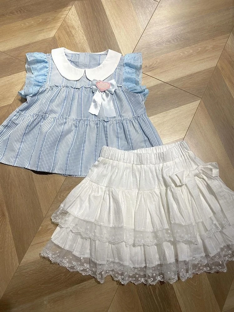 

Japanese College Style Striped Sets Blue Doll Sweet Top + White Cake Skirt Suit Schoolgirl Lace Spliced 2-piece Set 2025 Summer