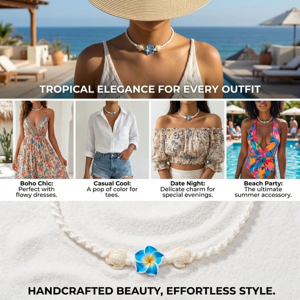 Boho-Halskette aus weicher Tonerde mit weißem geflochtenem Seil für Damen und Herren, Harz-Meeresschildkröten, florales Choker-Halsband, Sommer-Strand-Urlaubsschmuck – Detail 4
