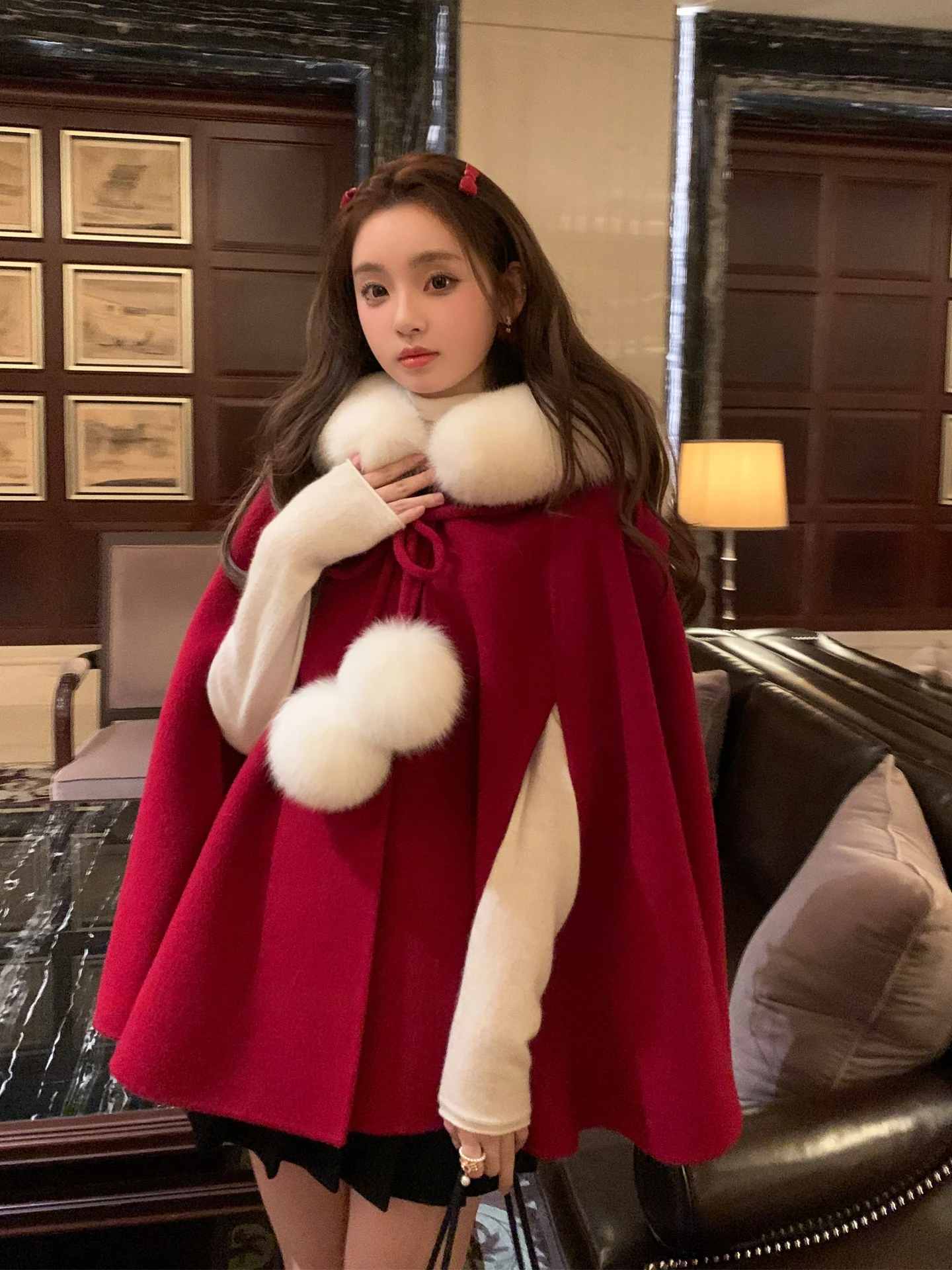 

Двусторонняя шерстяная шуба Cisas красного цвета с меховым капюшоном-накидкой, удлиненная, прямого кроя, для повседневной носки