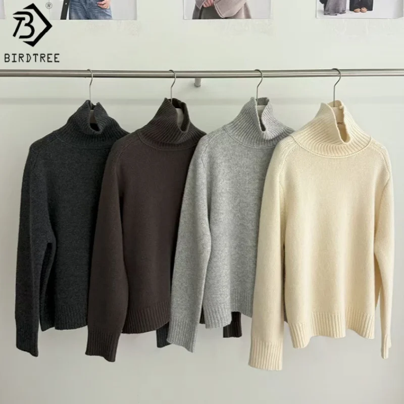 

Birdtree,100% Sheep Wool Knitted Sweater,Woman Soft Pile Neck Warmth Tops,Full Sleeve,2025 Fall Winter Loose Pullover T5N407JF